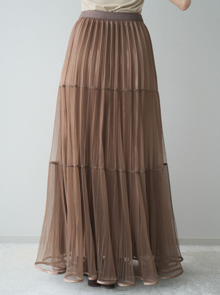 [予約]ラメプリーツレイヤードチュールロングスカート/mocha