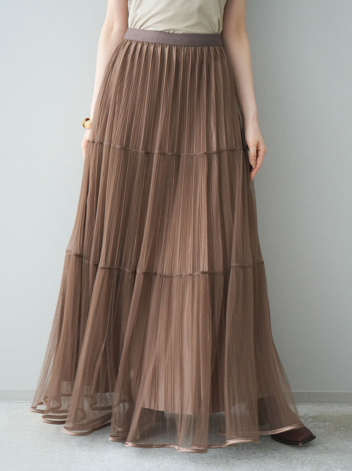 [予約]ラメプリーツレイヤードチュールロングスカート/mocha