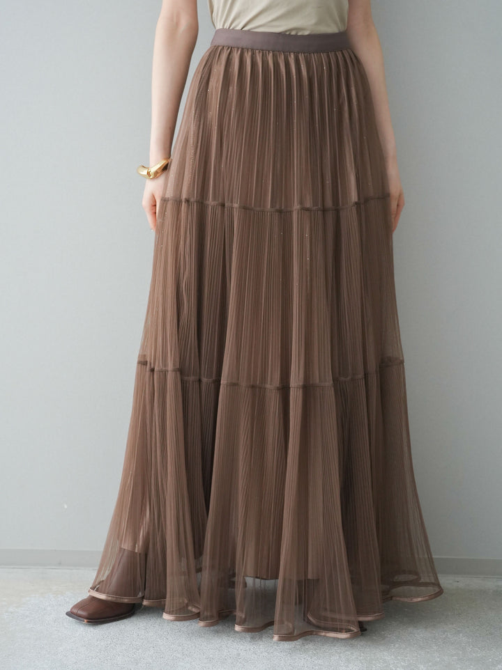 [予約]ラメプリーツレイヤードチュールロングスカート/mocha