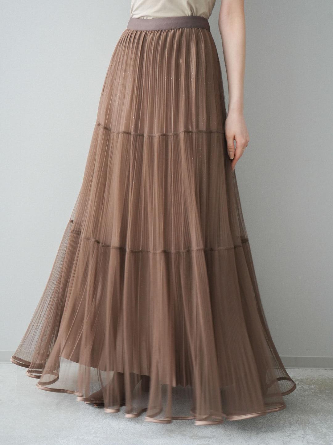 [予約]ラメプリーツレイヤードチュールロングスカート/mocha