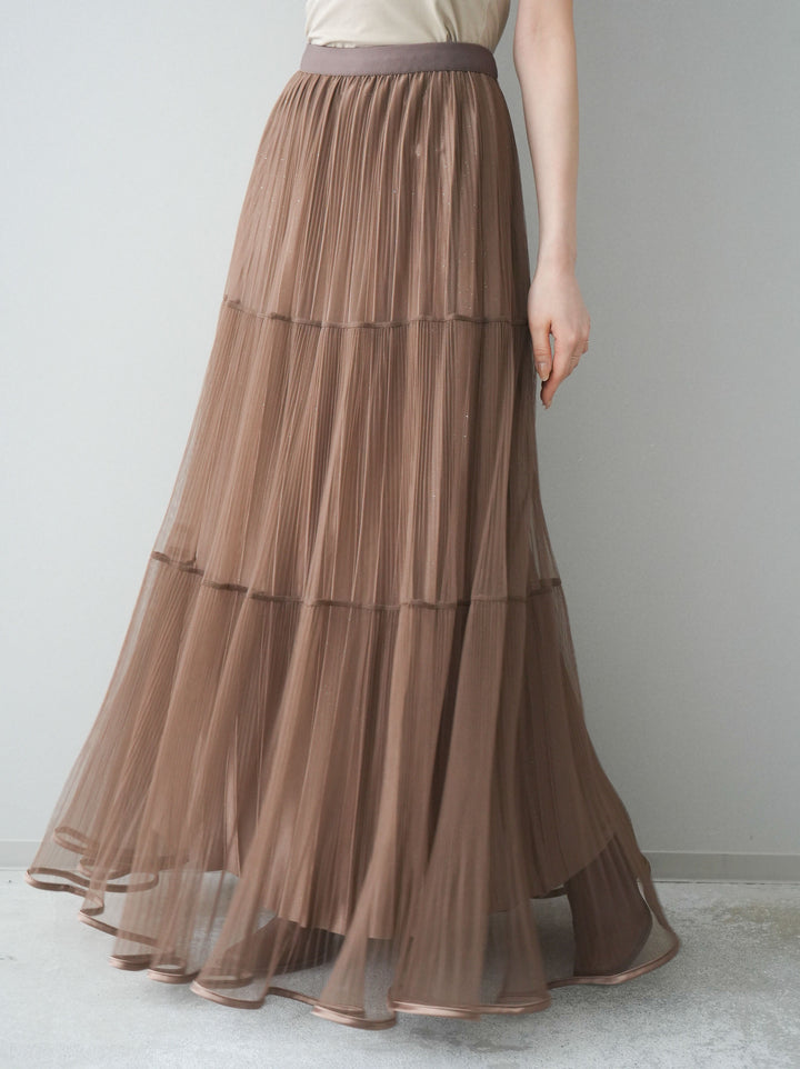 [予約]ラメプリーツレイヤードチュールロングスカート/mocha
