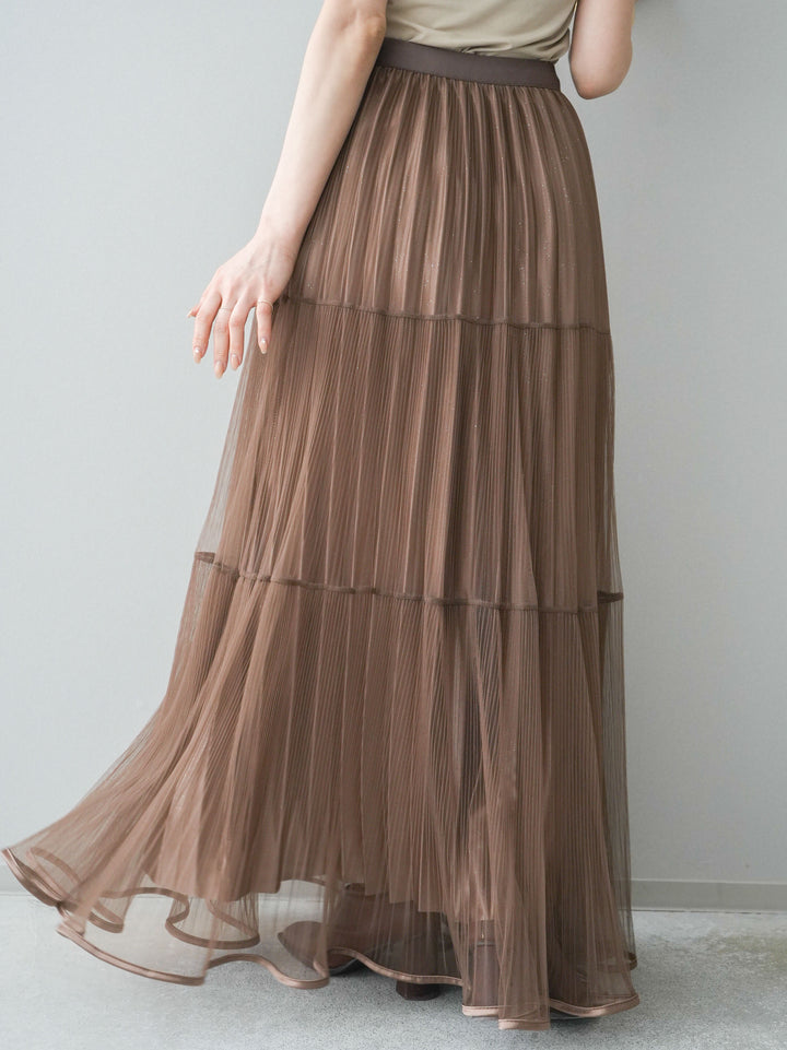 [予約]ラメプリーツレイヤードチュールロングスカート/mocha