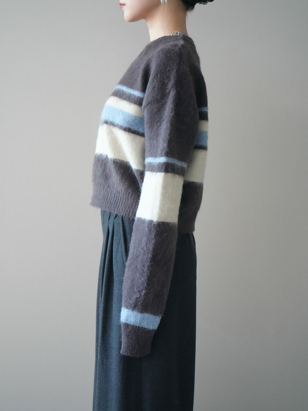 [予約]ソフトタッチボーダークロップドニットプルオーバー/brown