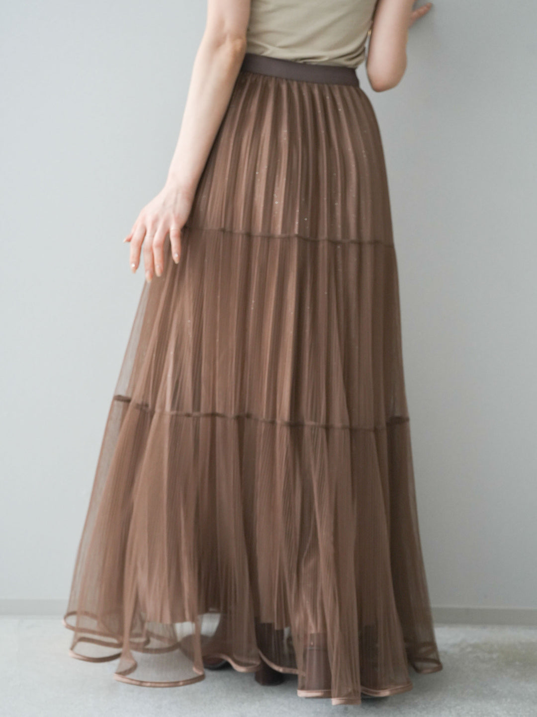[予約]ラメプリーツレイヤードチュールロングスカート/mocha