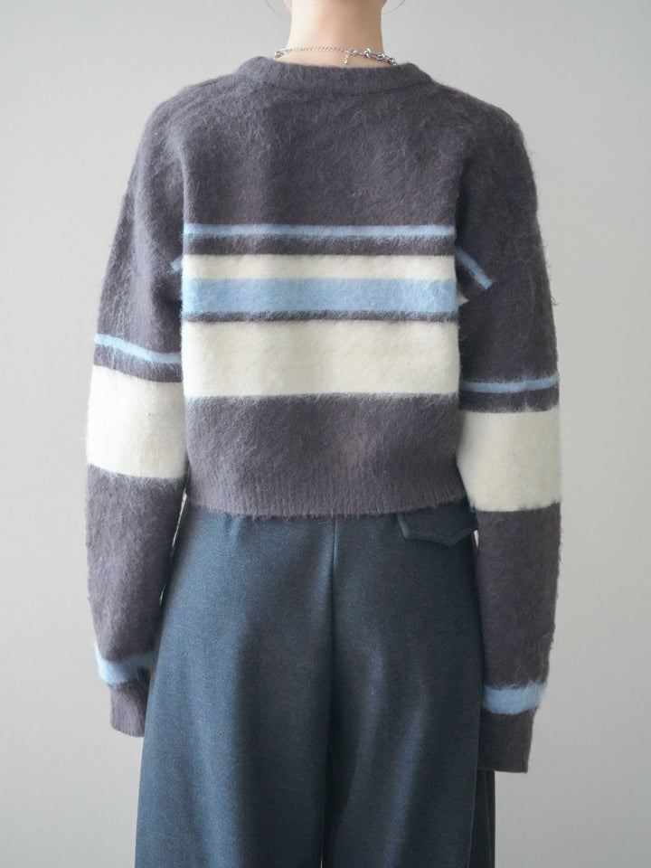 [予約]ソフトタッチボーダークロップドニットプルオーバー/brown