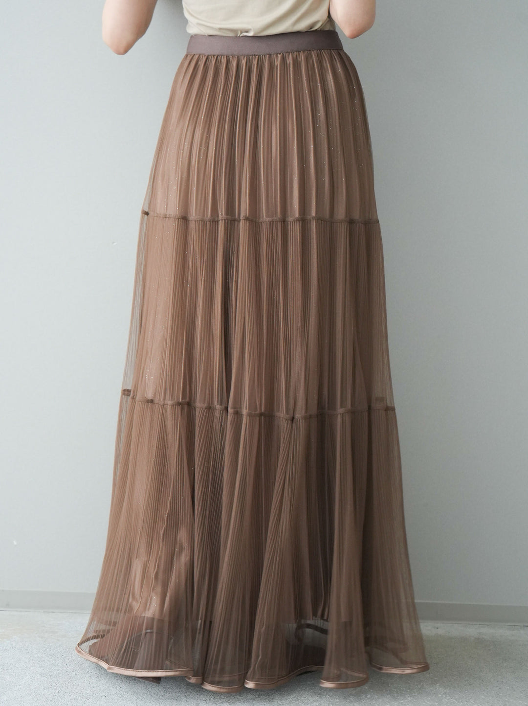 [予約]ラメプリーツレイヤードチュールロングスカート/mocha