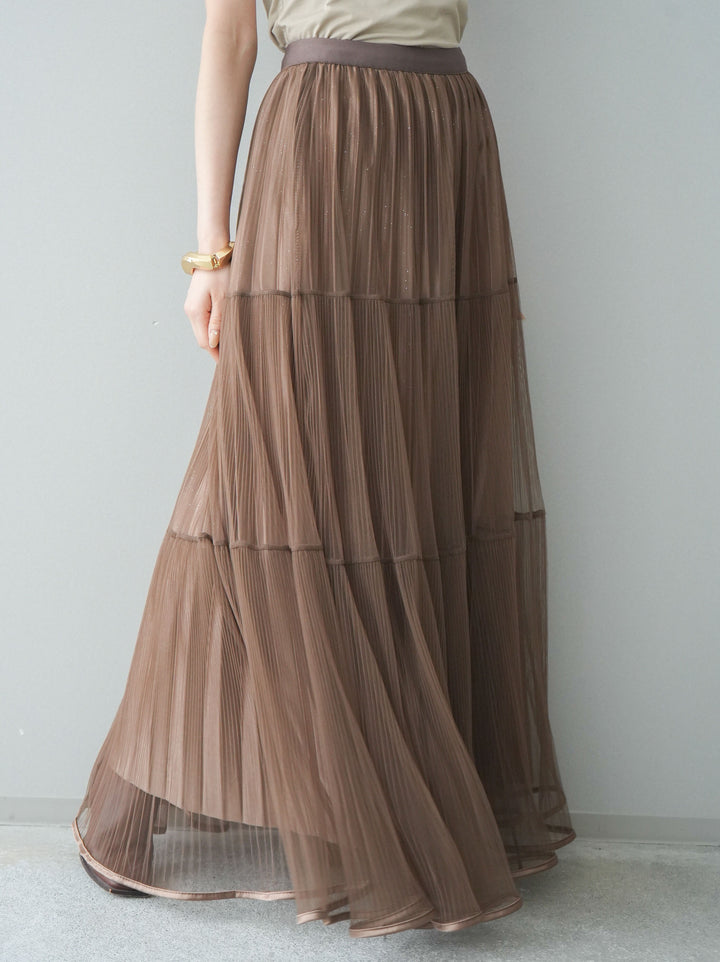 [予約]ラメプリーツレイヤードチュールロングスカート/mocha
