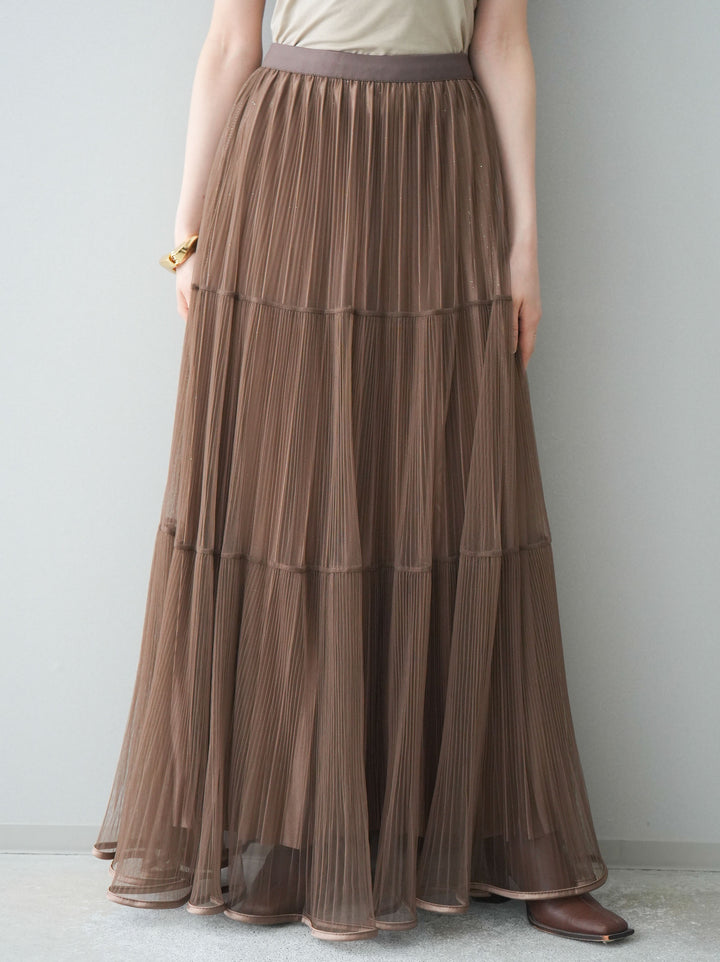 [予約]ラメプリーツレイヤードチュールロングスカート/mocha