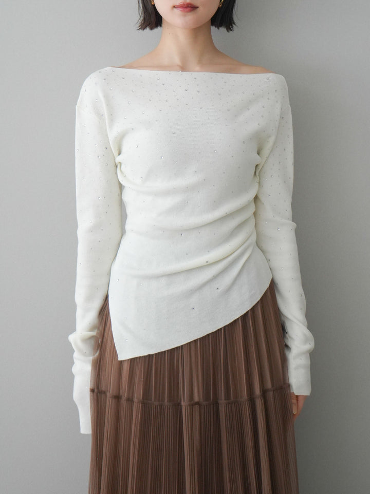 [予約]ラインストーンアシンメトリーニットトップス/ivory