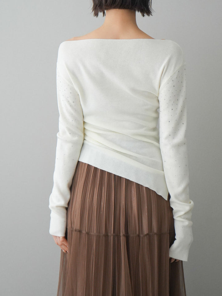 [予約]ラインストーンアシンメトリーニットトップス/ivory