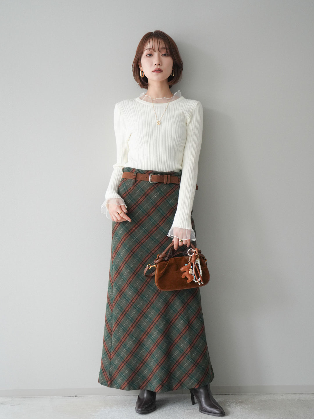 [予約]ベルト付チェック柄ナロースカート/green