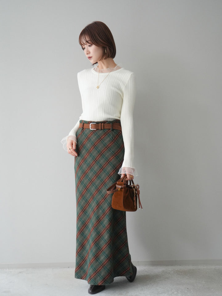 [予約]ベルト付チェック柄ナロースカート/green