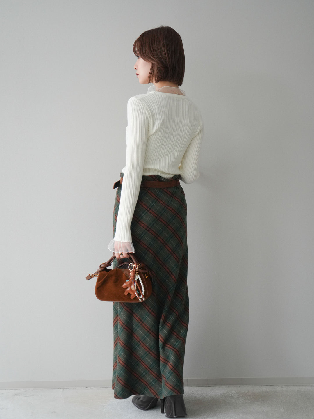 [予約]ベルト付チェック柄ナロースカート/green