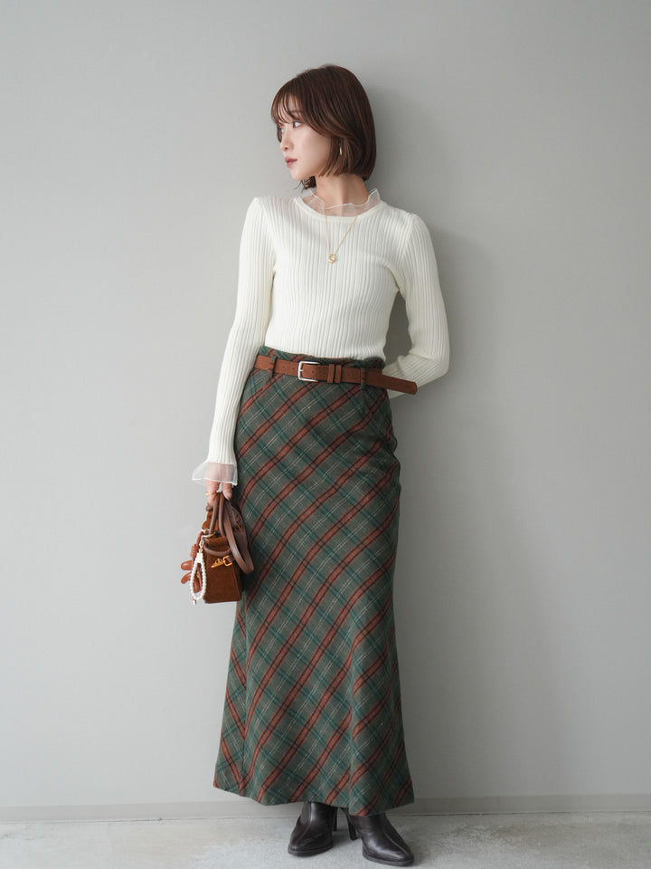 [予約]ベルト付チェック柄ナロースカート/green