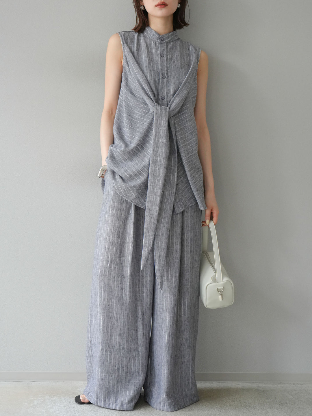 [SET]ラメストライプボウタイブラウス＆ワイドパンツSET UP(2set)