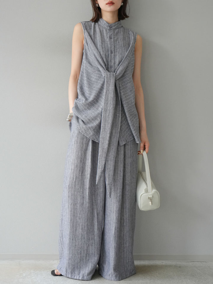 [SET]ラメストライプボウタイブラウス＆ワイドパンツSET UP(2set)