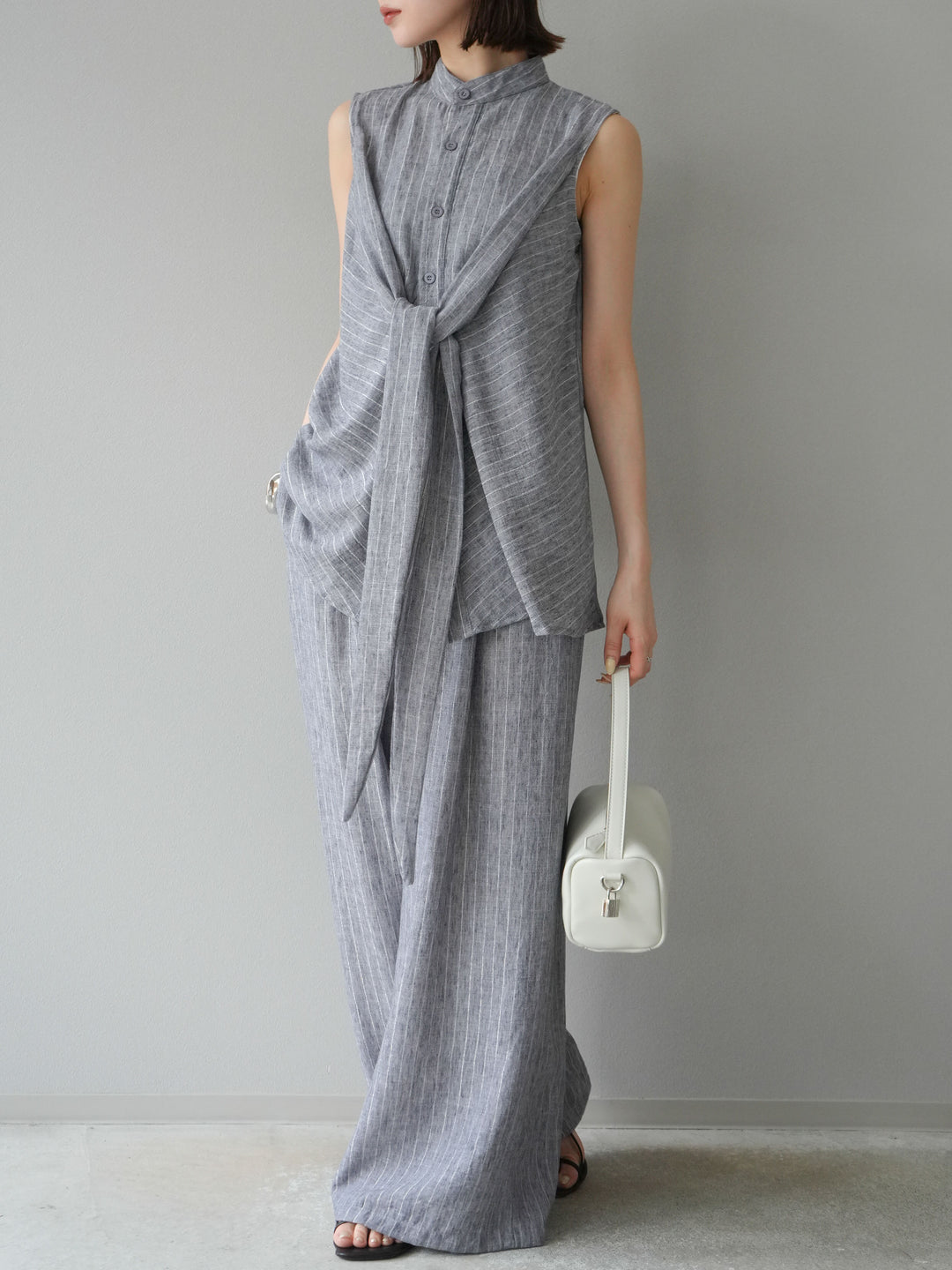 [SET]ラメストライプボウタイブラウス＆ワイドパンツSET UP(2set)