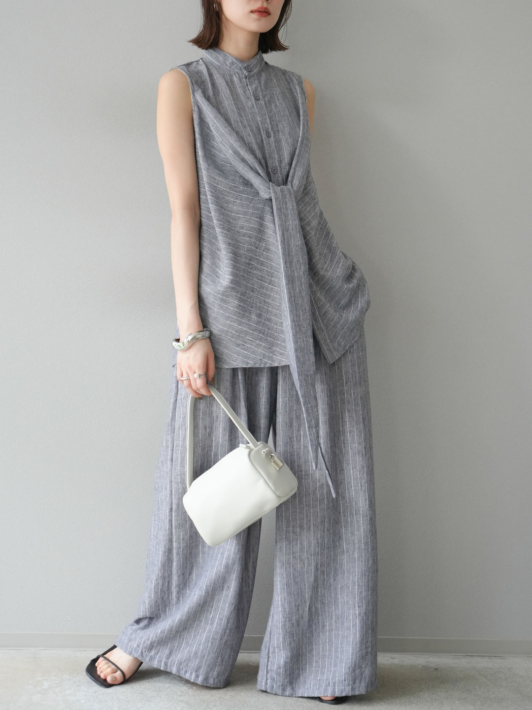 [SET]ラメストライプボウタイブラウス＆ワイドパンツSET UP(2set)