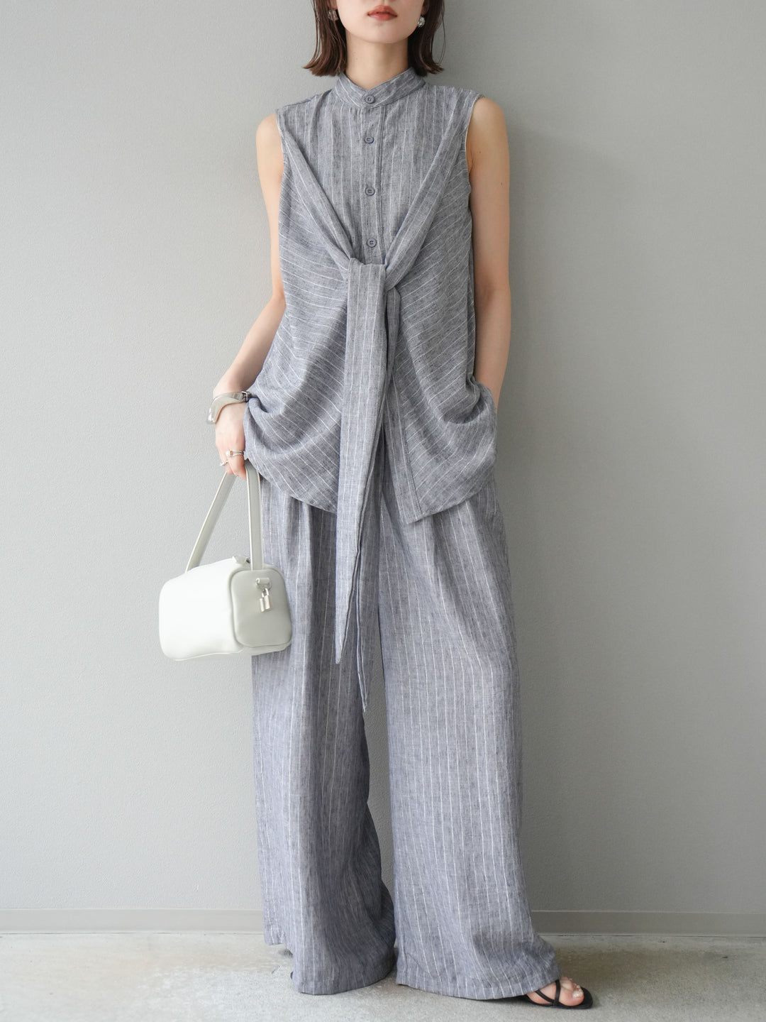 [SET]ラメストライプボウタイブラウス＆ワイドパンツSET UP(2set)