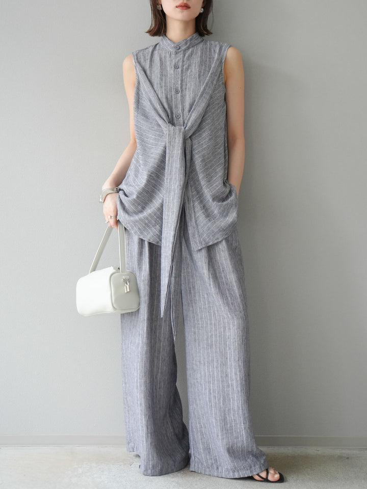 [SET]ラメストライプボウタイブラウス＆ワイドパンツSET UP(2set)