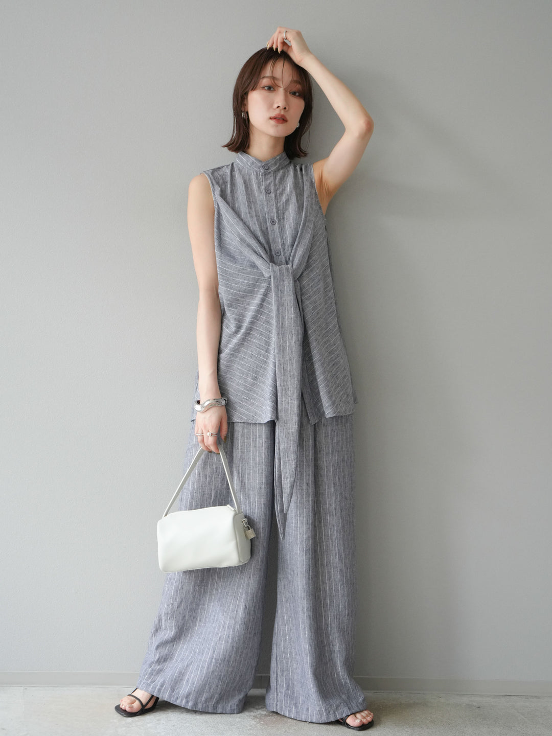 [SET]ラメストライプボウタイブラウス＆ワイドパンツSET UP(2set)