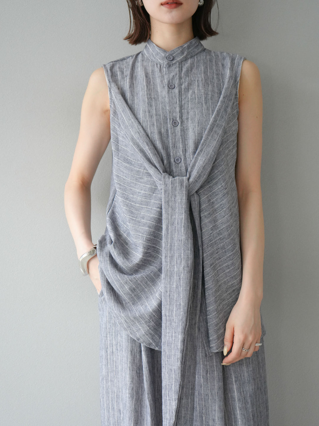 [SET]ラメストライプボウタイブラウス＆ワイドパンツSET UP(2set)