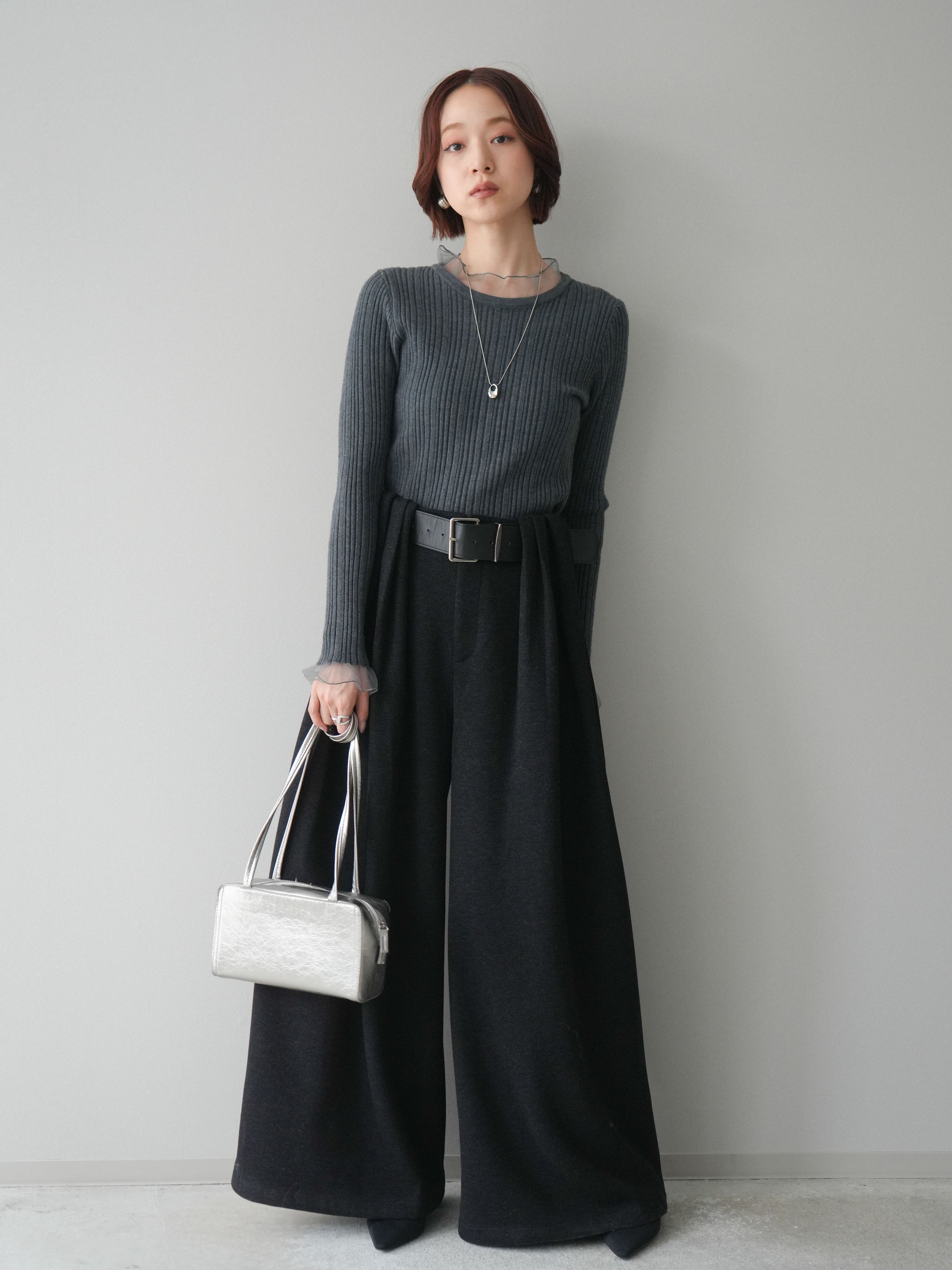 予約]ベルトデザインループウールワイドパンツ(ベルト付)/black – Lumier