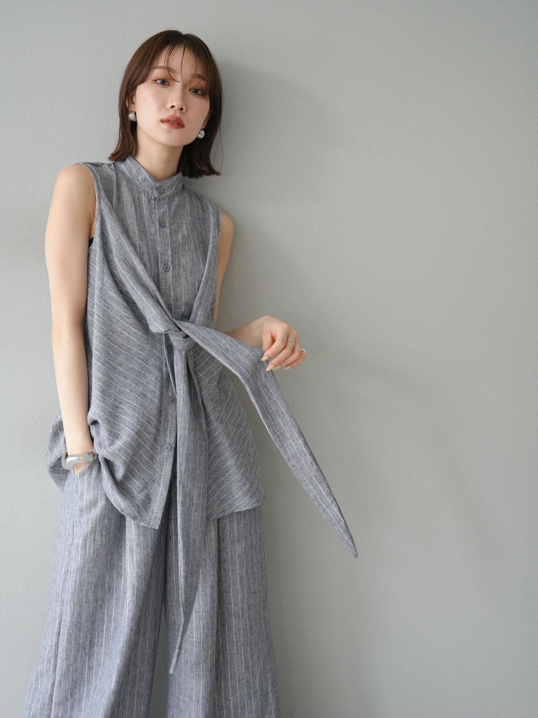 [SET]ラメストライプボウタイブラウス＆ワイドパンツSET UP(2set)