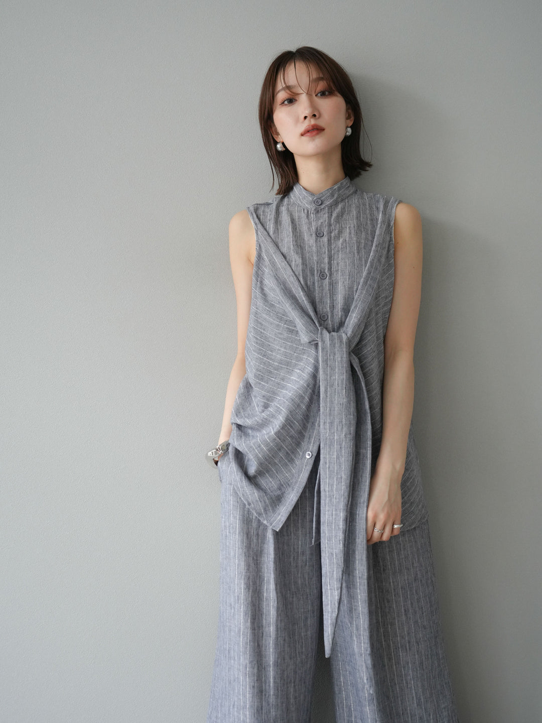 [SET]ラメストライプボウタイブラウス＆ワイドパンツSET UP(2set)