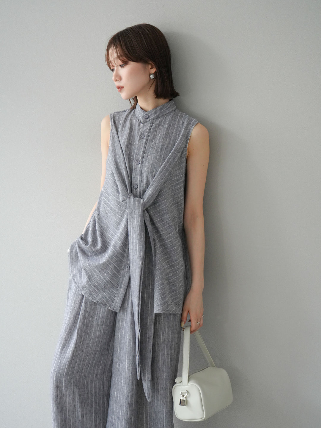 [SET]ラメストライプボウタイブラウス＆ワイドパンツSET UP(2set)