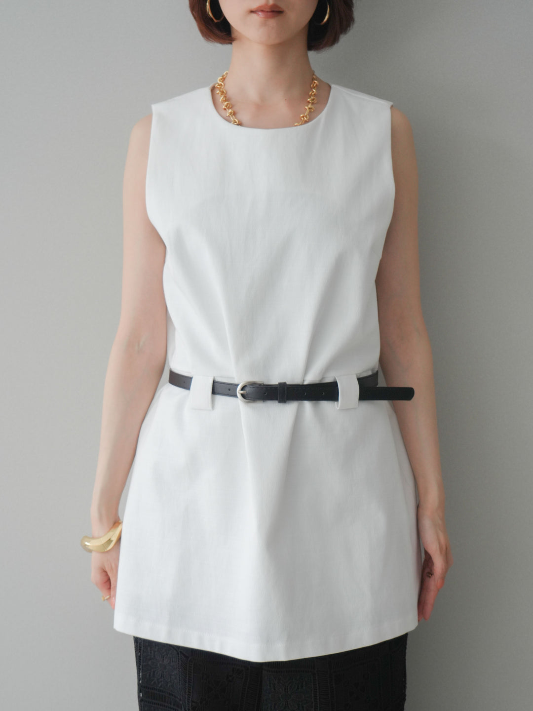 [予約]ベルト付リネンライクノースリチュニック/white