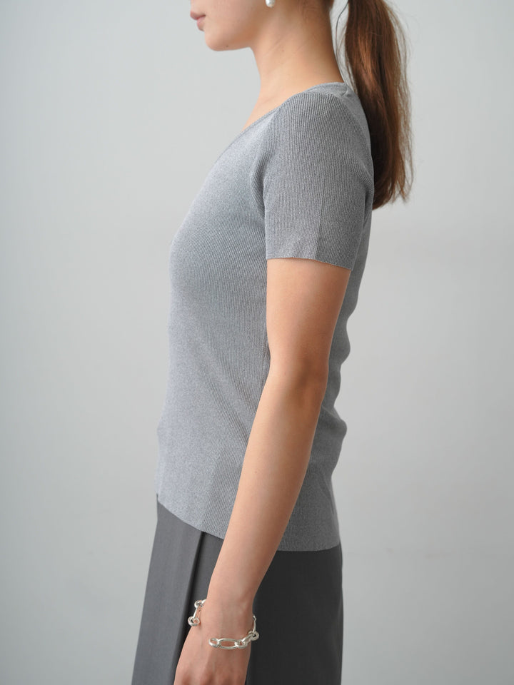 [予約]アシメフラワーレースVネック半袖ニットトップス/gray