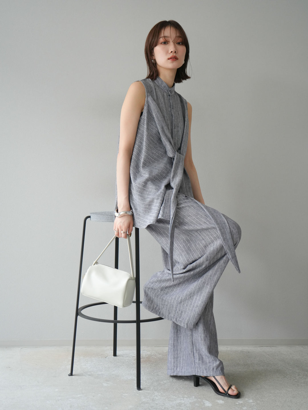 [SET]ラメストライプボウタイブラウス＆ワイドパンツSET UP(2set)