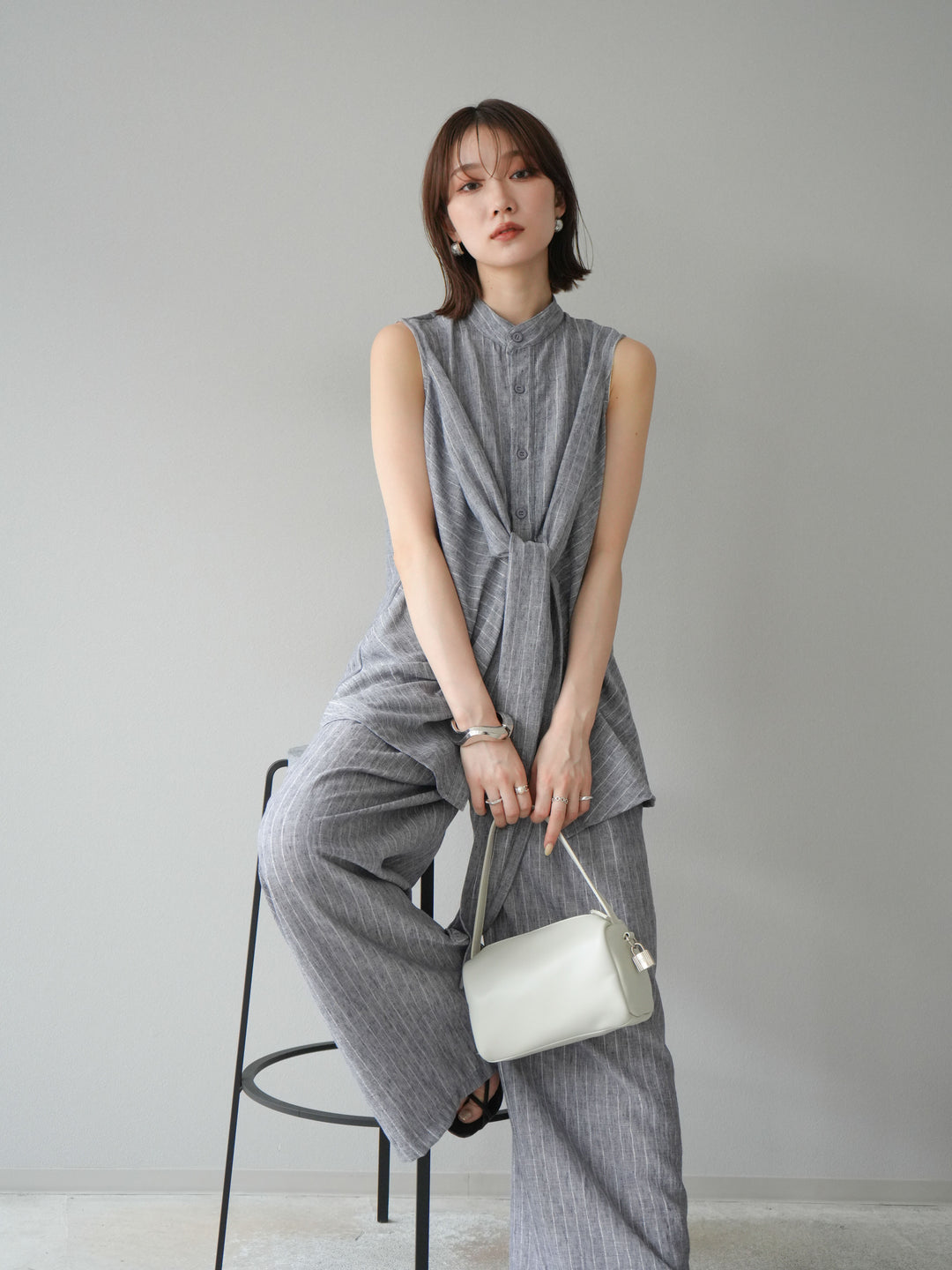 [SET]ラメストライプボウタイブラウス＆ワイドパンツSET UP(2set)