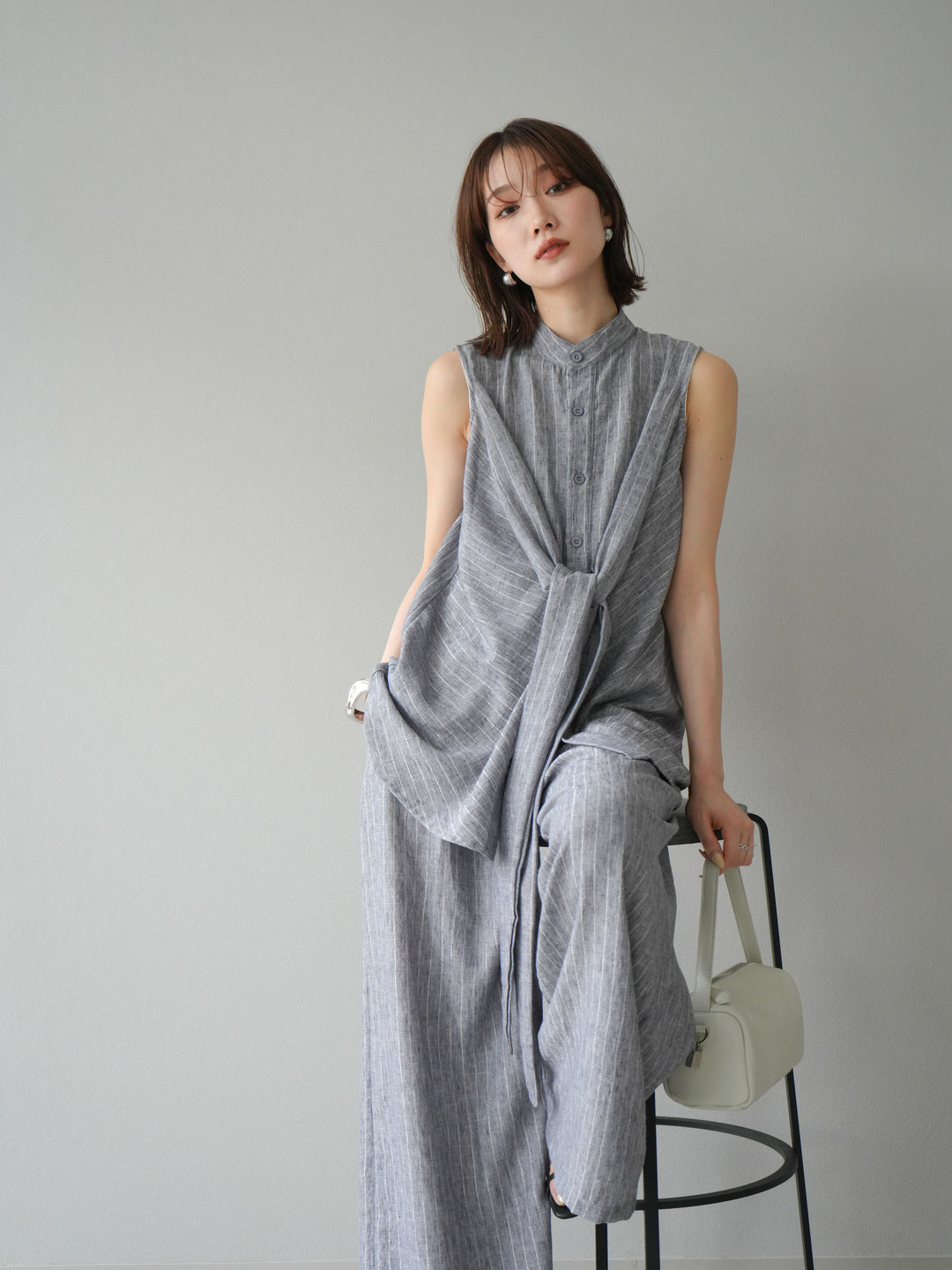 [SET]ラメストライプボウタイブラウス＆ワイドパンツSET UP(2set)