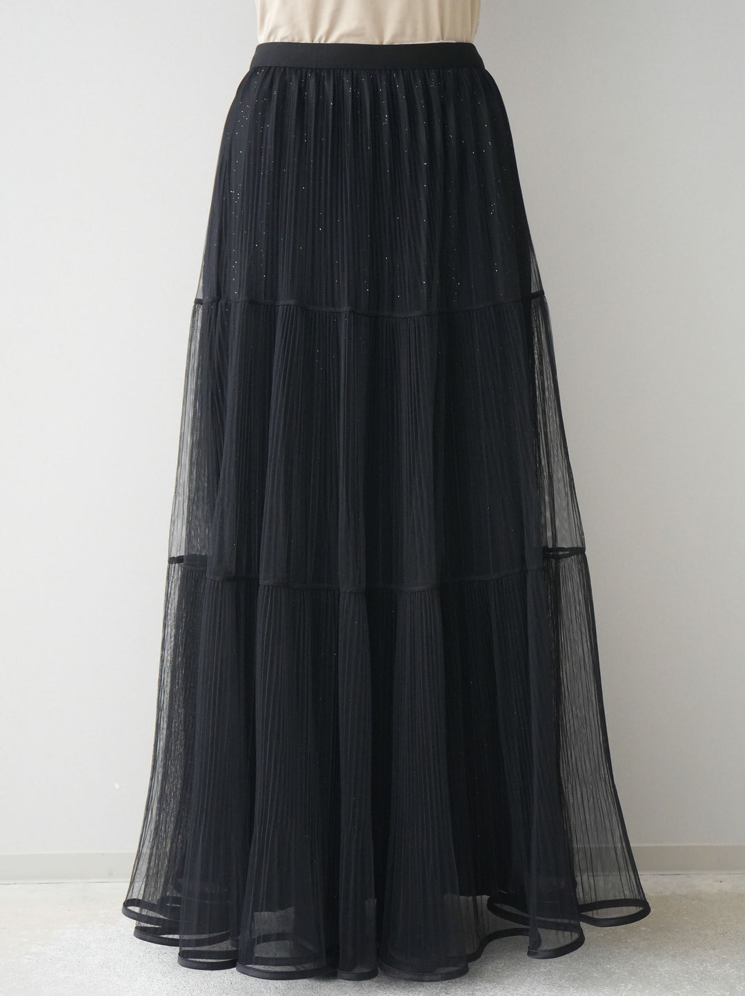 [予約]ラメプリーツレイヤードチュールロングスカート/black