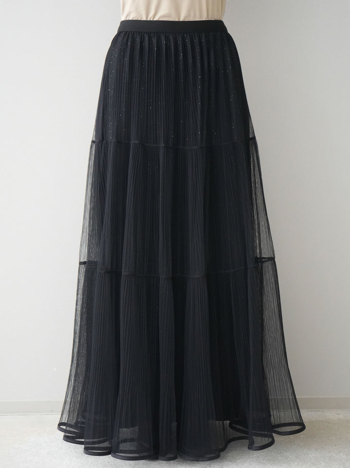 [予約]ラメプリーツレイヤードチュールロングスカート/black