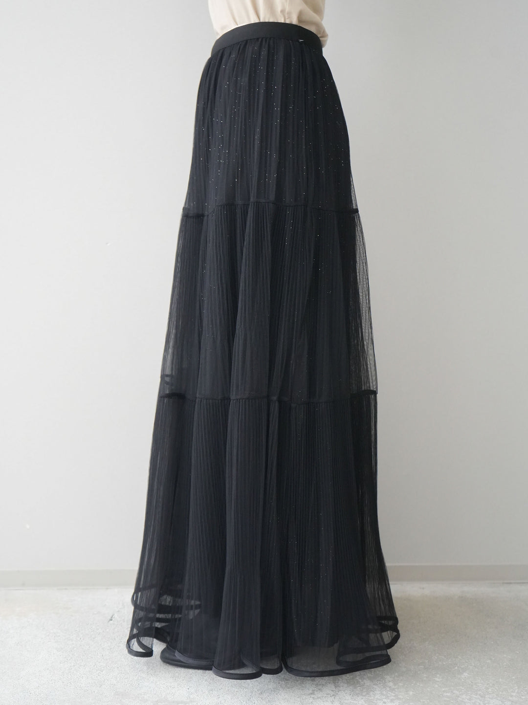 [予約]ラメプリーツレイヤードチュールロングスカート/black