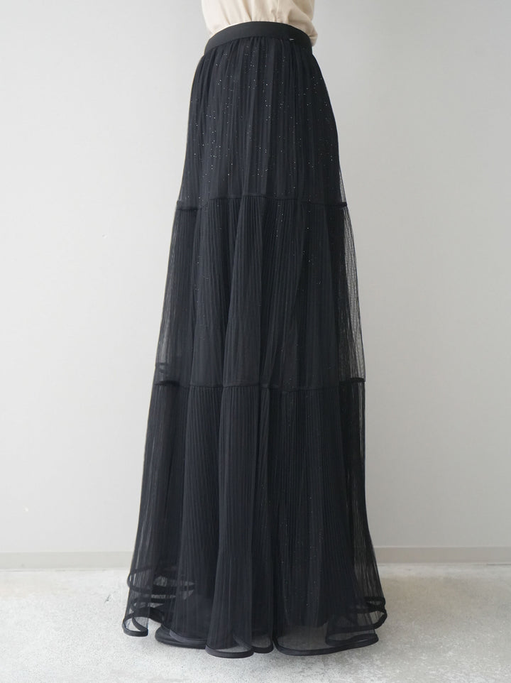 [予約]ラメプリーツレイヤードチュールロングスカート/black