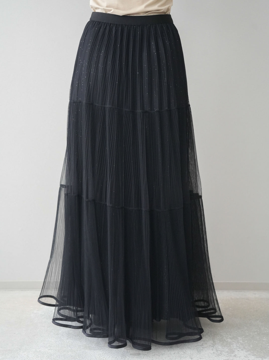 [予約]ラメプリーツレイヤードチュールロングスカート/black