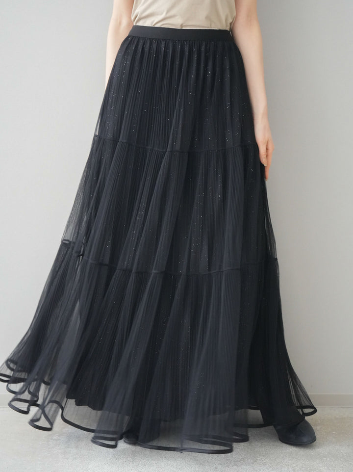 [予約]ラメプリーツレイヤードチュールロングスカート/black