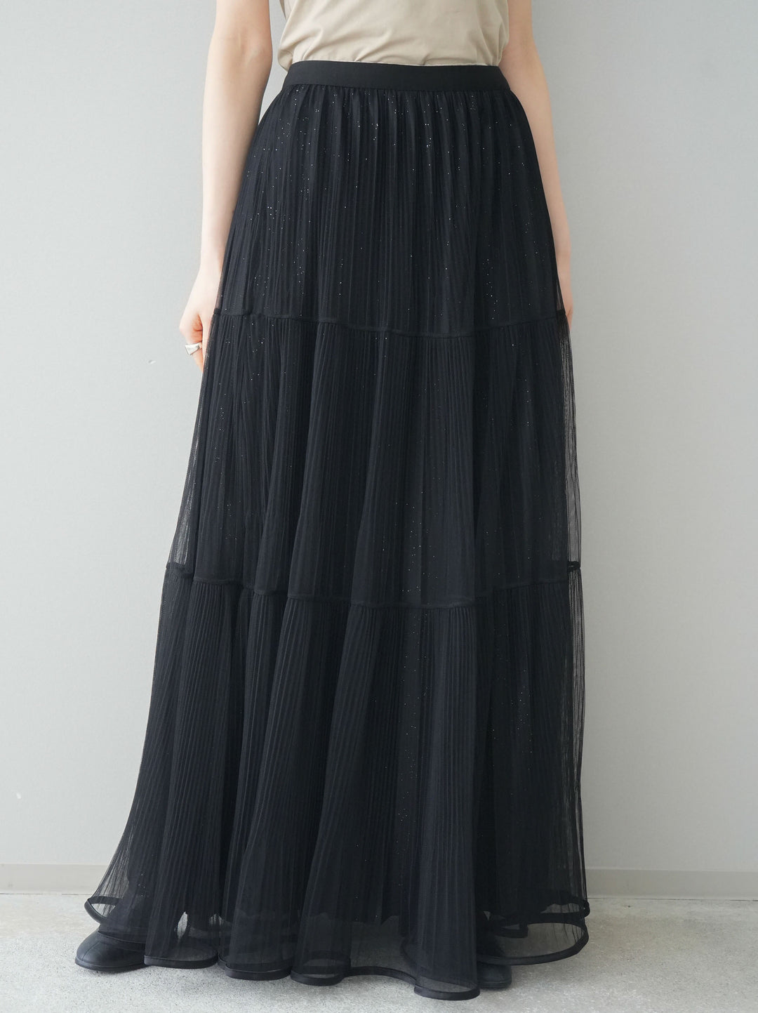 [予約]ラメプリーツレイヤードチュールロングスカート/black