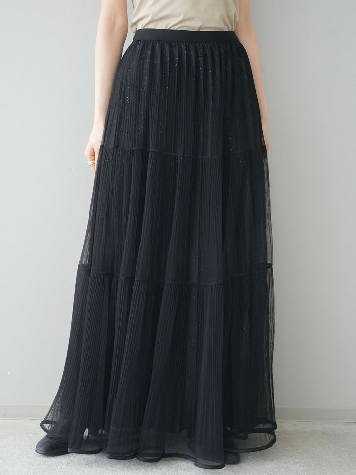 [予約]ラメプリーツレイヤードチュールロングスカート/black