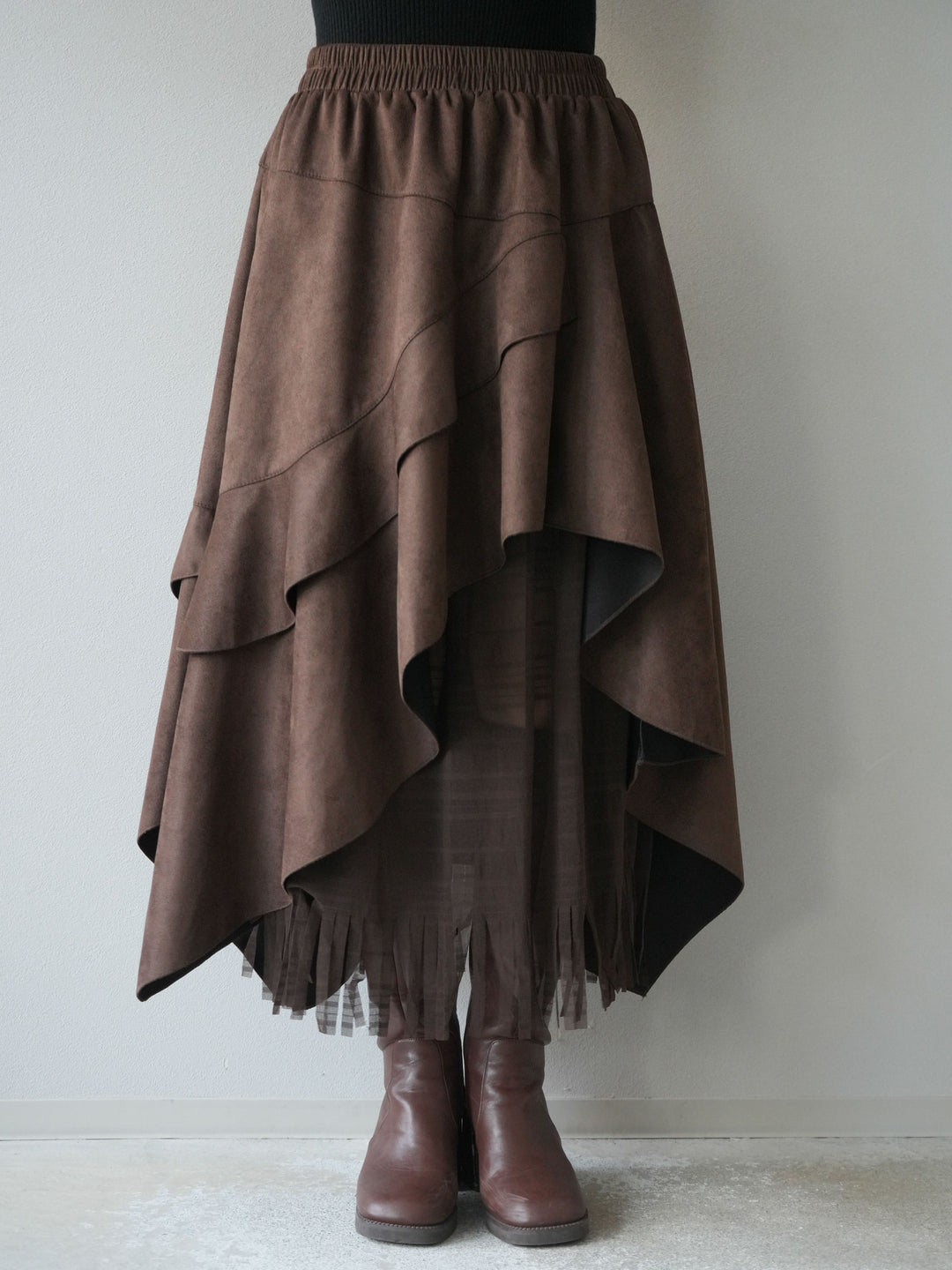 [予約]アシンメトリースエード異素材スカート/ブラウン
