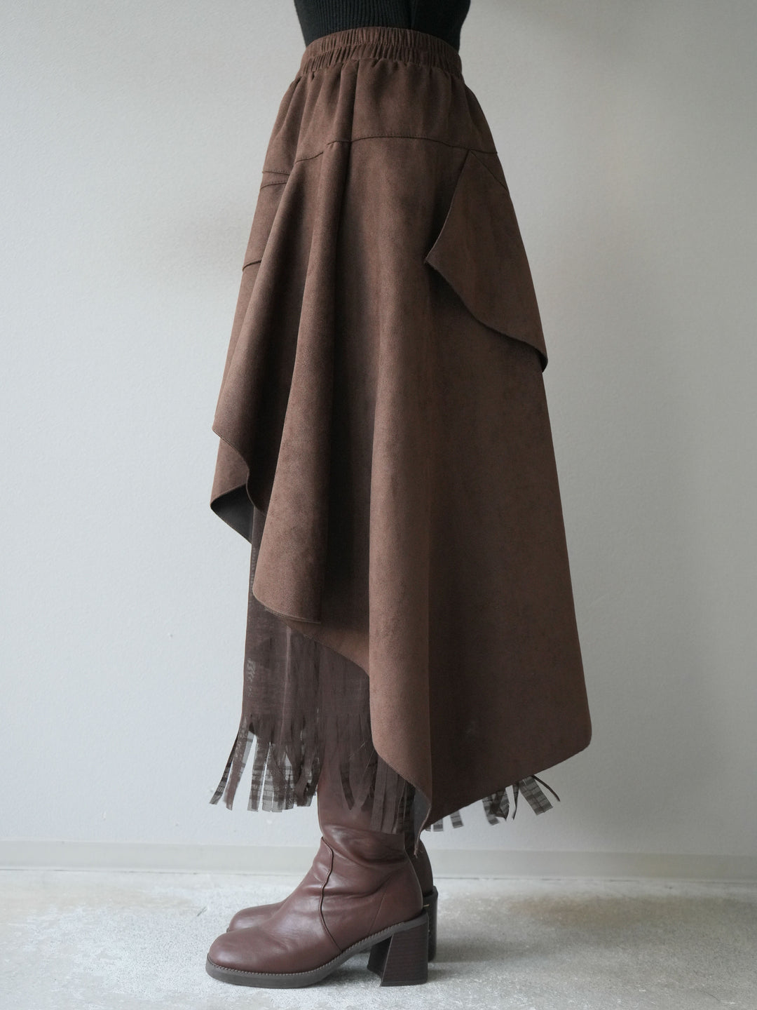 [予約]アシンメトリースエード異素材スカート/ブラウン