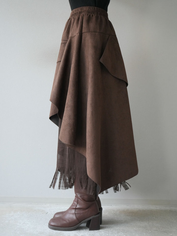 [予約]アシンメトリースエード異素材スカート/ブラウン