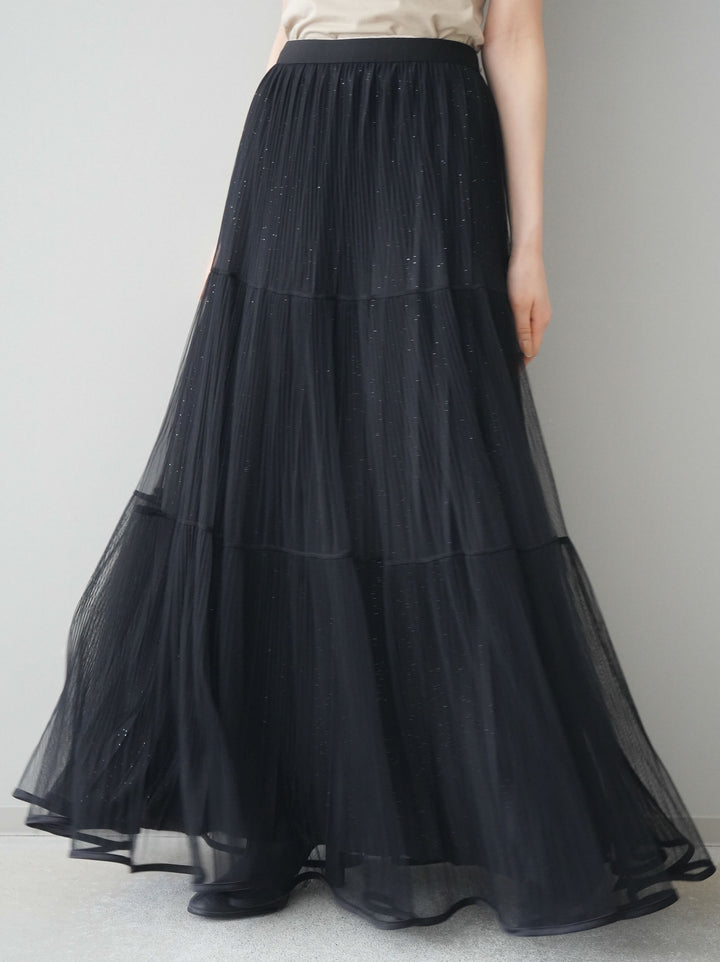 [予約]ラメプリーツレイヤードチュールロングスカート/black