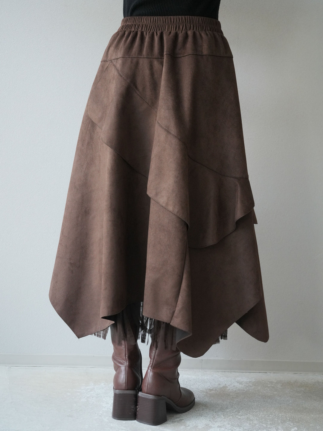 [予約]アシンメトリースエード異素材スカート/ブラウン