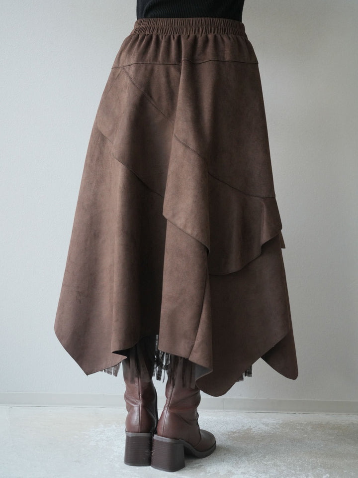 [予約]アシンメトリースエード異素材スカート/ブラウン