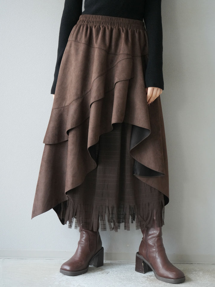 [予約]アシンメトリースエード異素材スカート/ブラウン